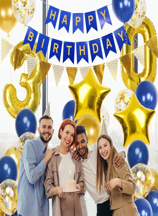 Douvelue 30th Birthday Decorations for Him, Navy Blue Gold Balloons and Happy Birthday Banner, 40 Inch Number 30 Foil Balloons with Bunting, for Men Women Party Decoration - Image 3